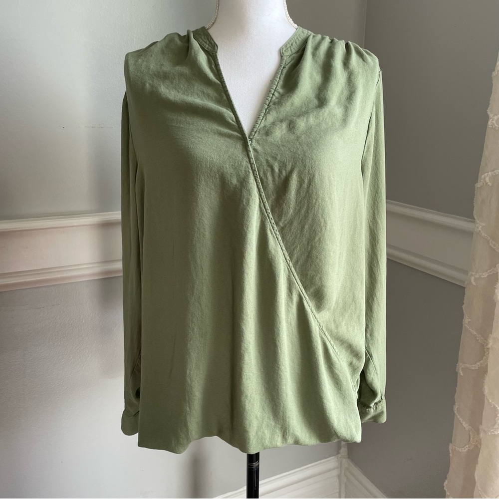 Terra & Sky Olive Green Women's 0X Wrap front Knit back Top